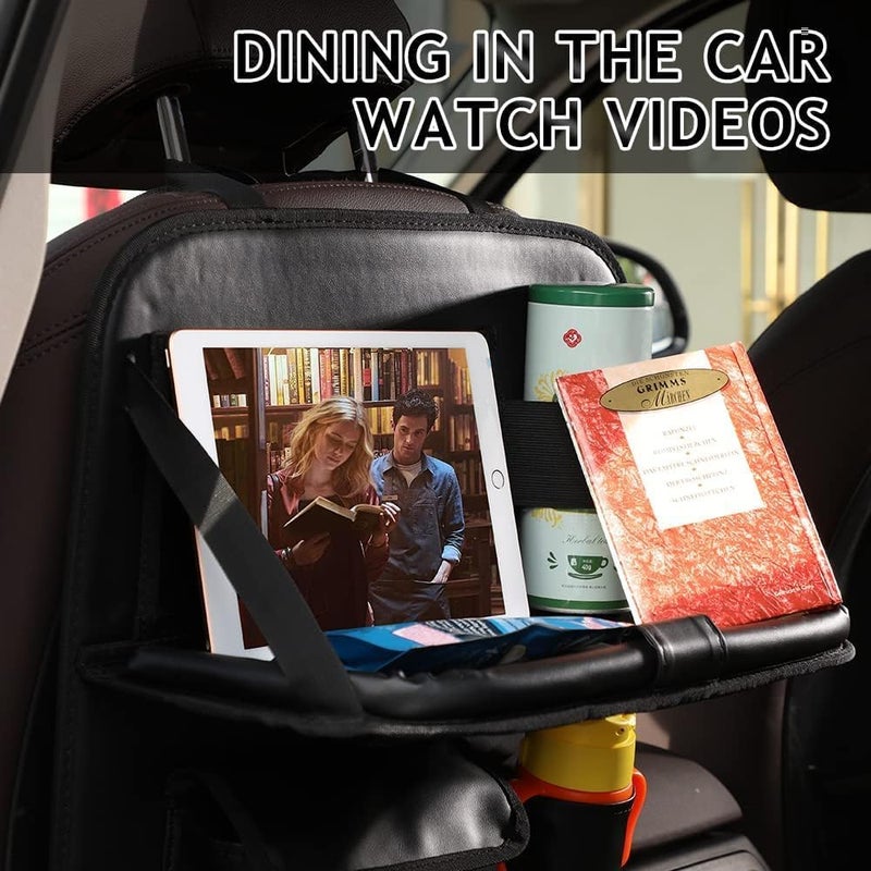 MONKONAR 2PACK Leather Car Backseat Organizer with Tablet Holder - 9 Large Storage Pockets, Foldable Food Tray & Anti-Scratch Kick Mats - Universal Car Seat Protector for Kids, Pets & Travel Accessories - Image 5